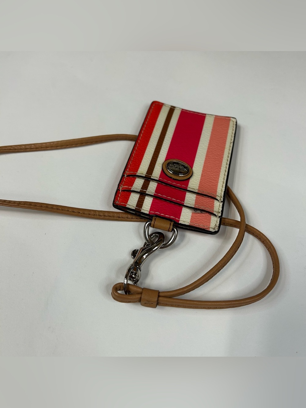 Coach Women’s Laynard ID Credit Card Key Holder Pink Brown White Striped #4200 - Picture 4 of 7